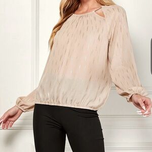 Womens Beige Metallic Accent Long Sleeve Blouse from Dressbarn New M oyster